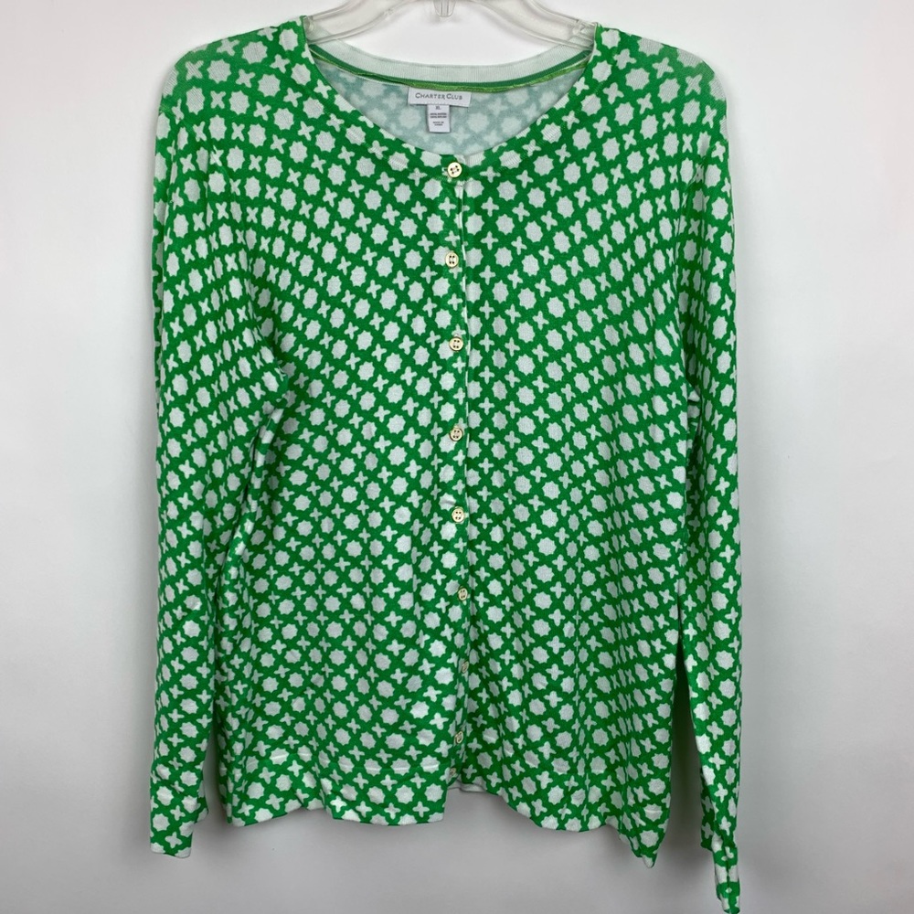 Charter Club XL Cardigan Sweater Green White